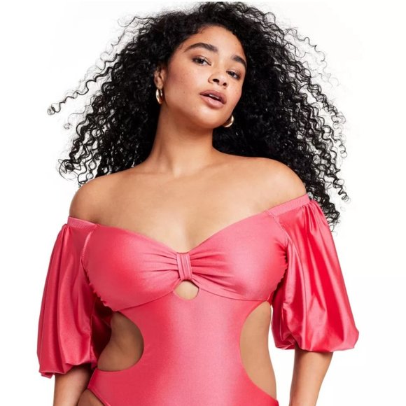 NWT Fe Noel Metallic Puff Sleeve Cut Out Medium Coverage One Piece Swimsuit - Picture 3 of 5